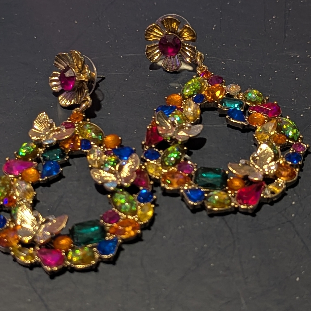 Betsey Johnson Multicolor Gemstone Hoop Earrings With Butterfly Details